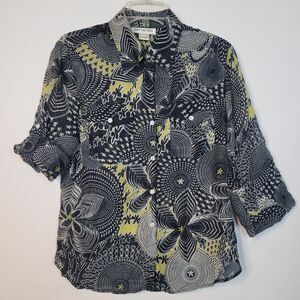 Judy Lee Cole Womens 12 Sheer Artsy Dark Floral Geometric Silk Blend Button Top